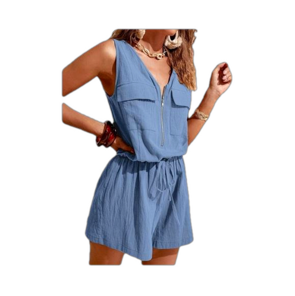 Cupshe Blue Cotton Wide Leg Rompers V Neck Sleeveless Romper NWOT SKU1096 - Picture 5 of 9